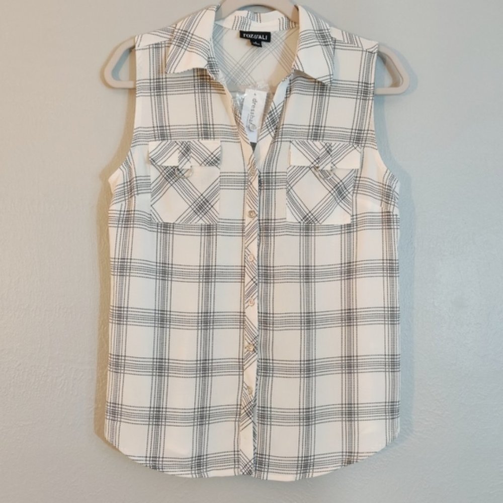 Roz & Ali Plaid Sleeveless Button Up Blouse Sz S